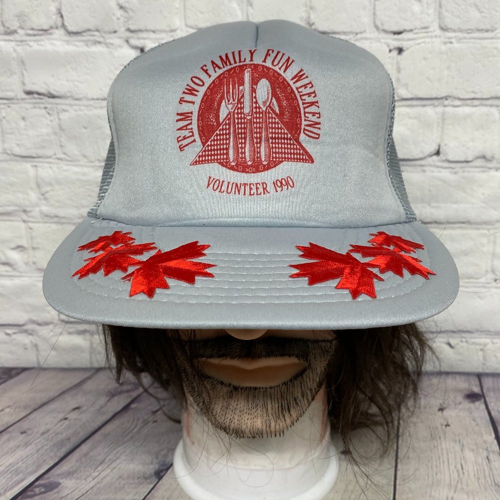 Vintage Trucker Hat Mesh Cap Snapback Gray Team Two Family Fun Weekend Leaf 1990
